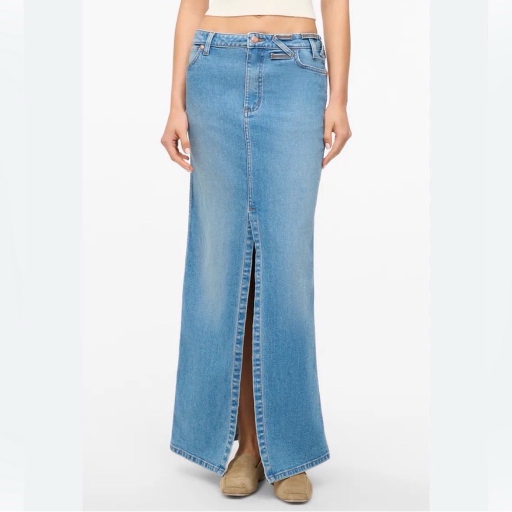 Wrangler +STAUD Medium Blue Denim Maxi Skirt with Center Front Slit